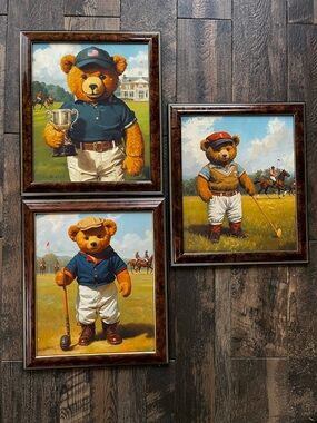Set of 3 Vintage-Inspired Polo Bear-Style Gallery Framed Art Prints 15x17” each